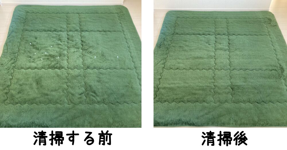 左：ラグを掃除する前　右：ラグ掃除後の写真。清掃後は手芸用の綿がすべてなくなっている。