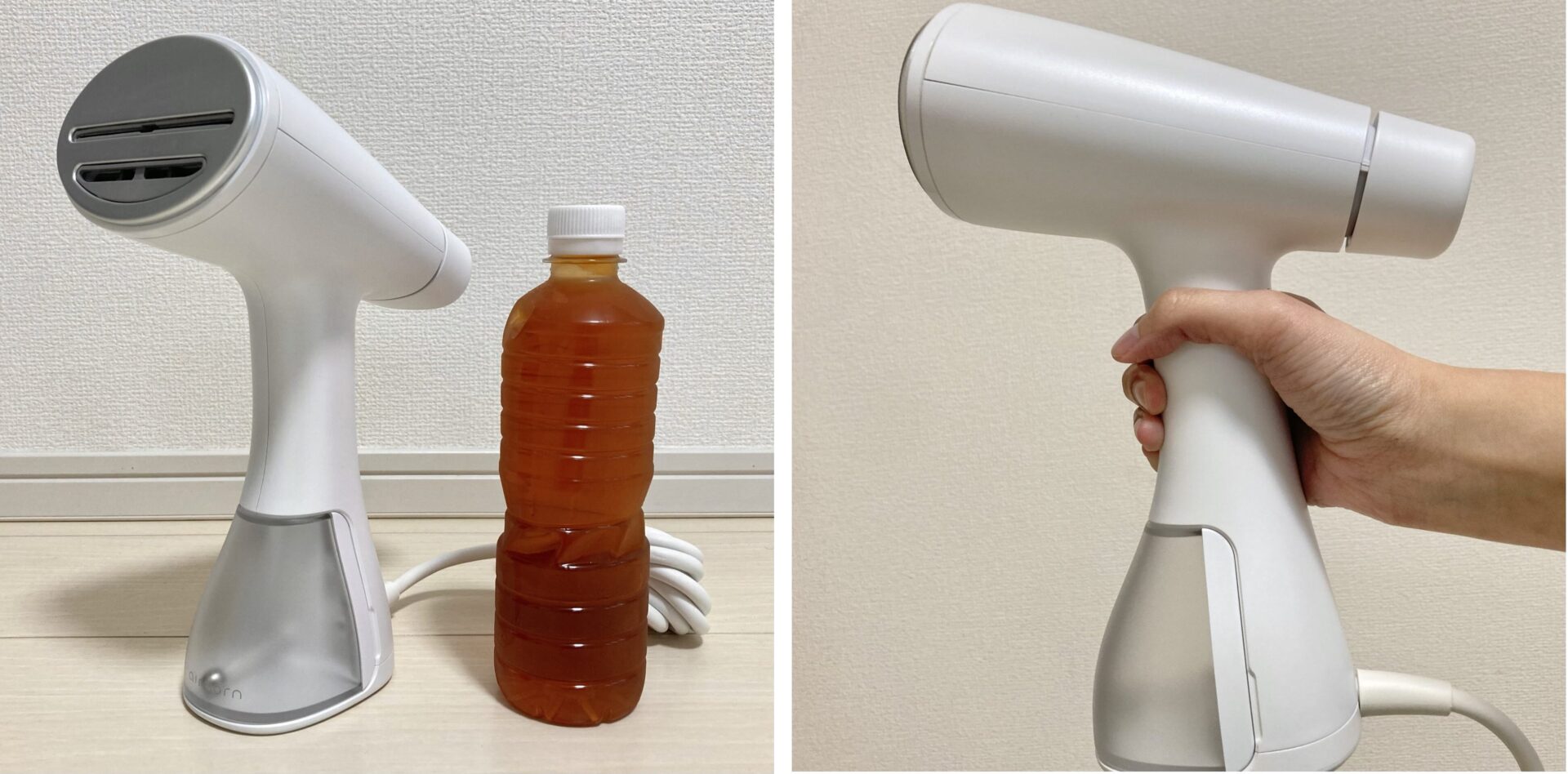 左：500mlのペットボトルと比べた様子。右：airmorn oneを握ってみた様子