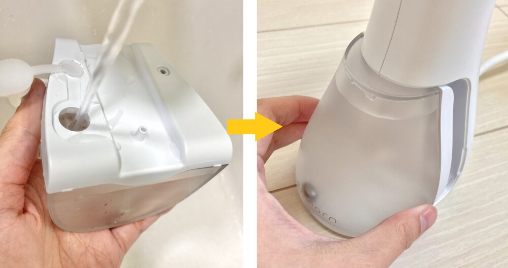 注水タンクに水を入れて、本体にセットしている写真