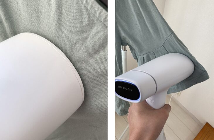 胸元や袖のシワ伸ばしをしている様子